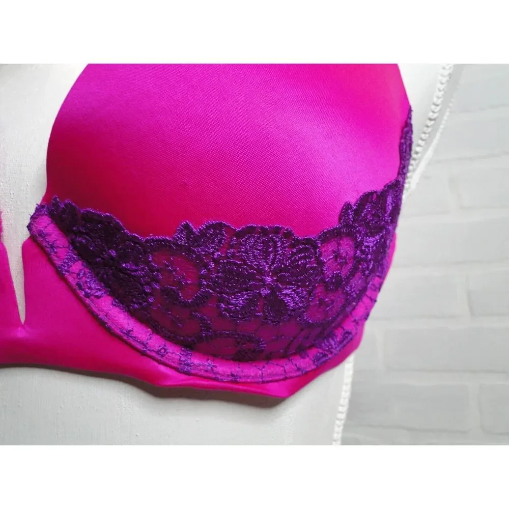 Victoria's Secret Hot‎ Pink Purple Lace Trim PUSH-UP Padded Bra 3601050 36C